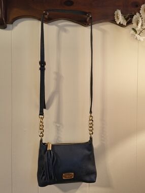 Michael Kors Navy Pebbled Leather Crossbody with Tassel and Gold Chain
